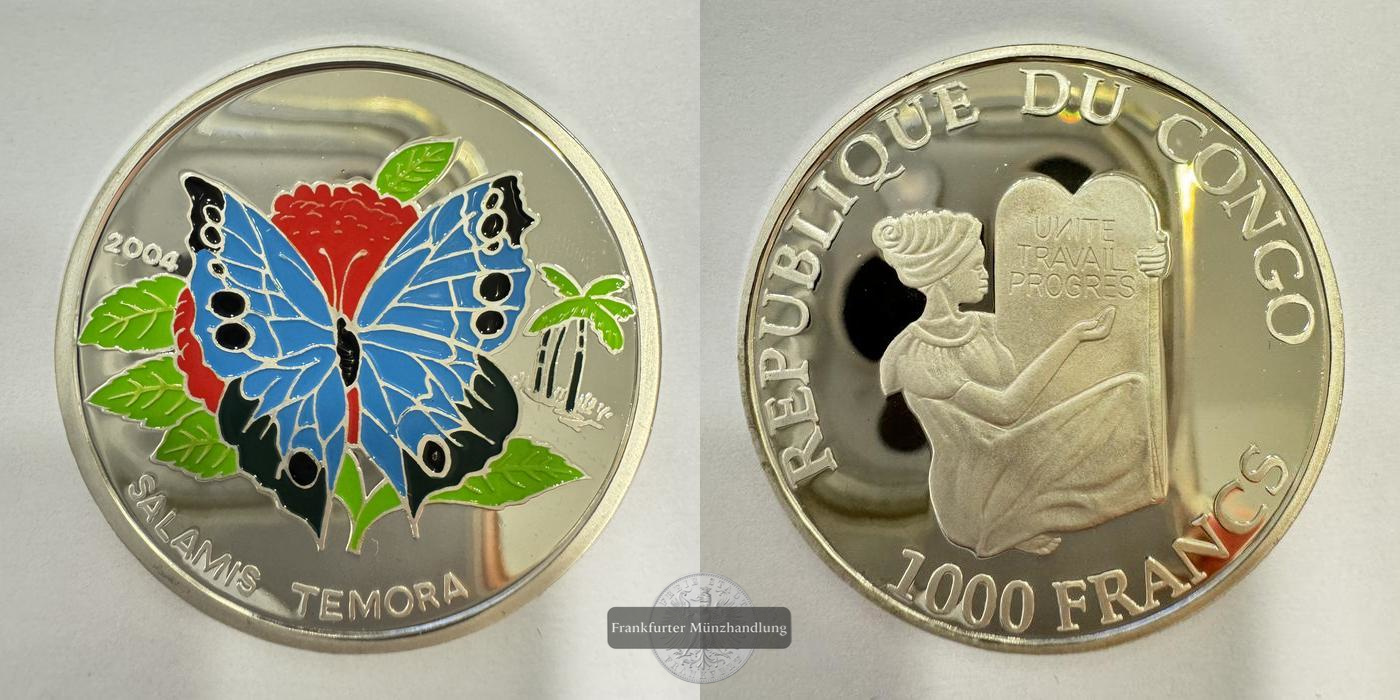  Rep. Kongo 1000 Francs CFA 2004 Salamis Temora Coloriert FM-Frankfurt Feinsilber: 15g   