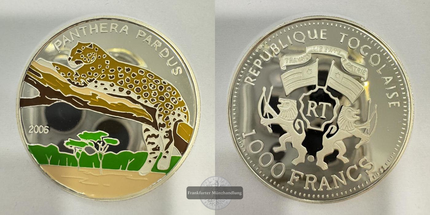  Rep. Togo 1000 Francs Leopard 2006 Coloriert FM-Frankfurt Feinsilber: 15g   
