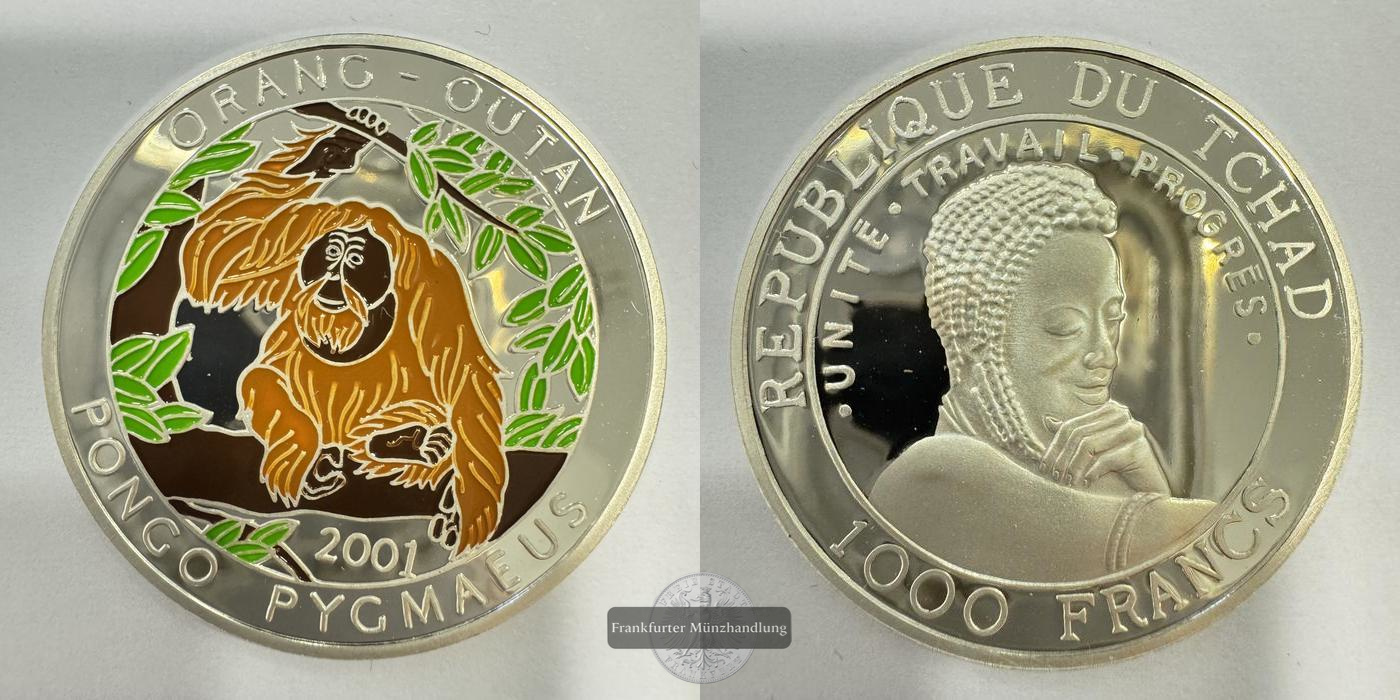  Rep. Tschad 1000 Francs Orangutan 2001 Coloriert FM-Frankfurt Feinsilber: 15g   