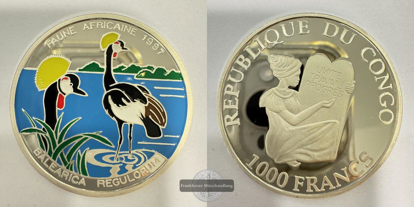 Rep. Kongo 1000 Francs CFA 1997 South African Crowned Crane Coloriert FM-Frankfurt Feinsilber: 15g   