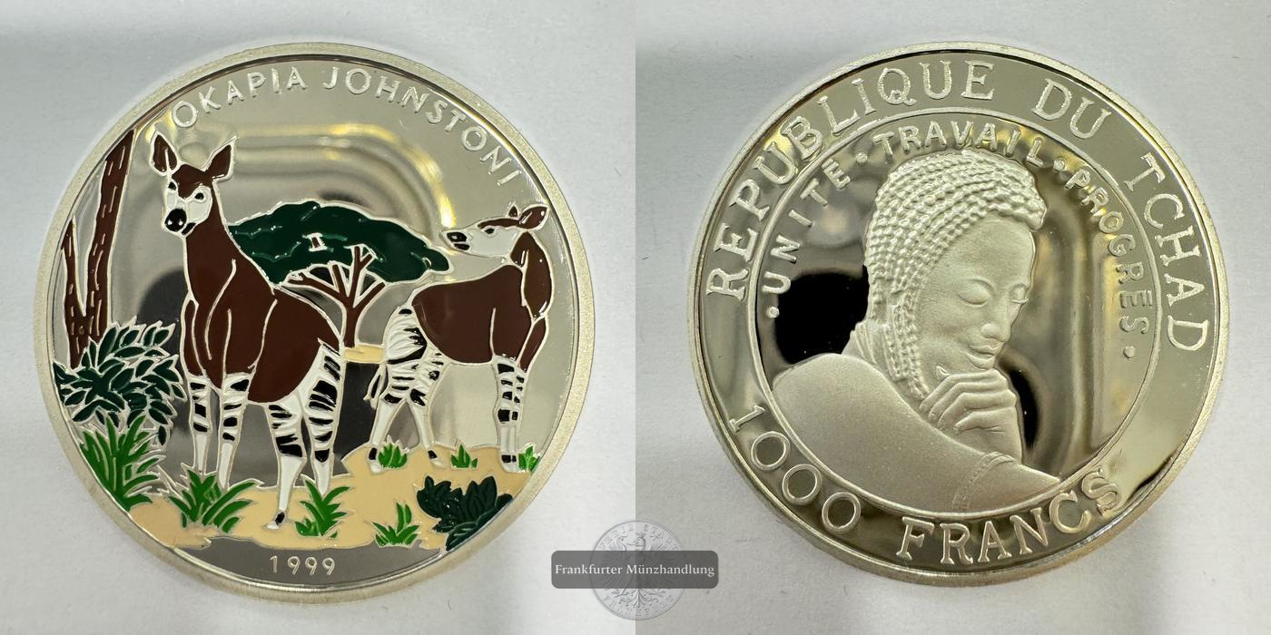  Rep. Tschad 1000 Francs Okapia Johnstoni 1999 Coloriert FM-Frankfurt Feinsilber: 15g   