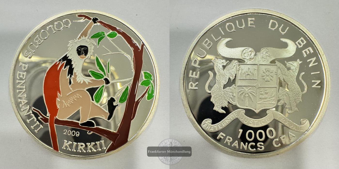  Rep. Benin 1000 Francs CFA (Piliocolobus kirkii) 2009 Coloriert FM-Frankfurt Feinsilber: 15g   