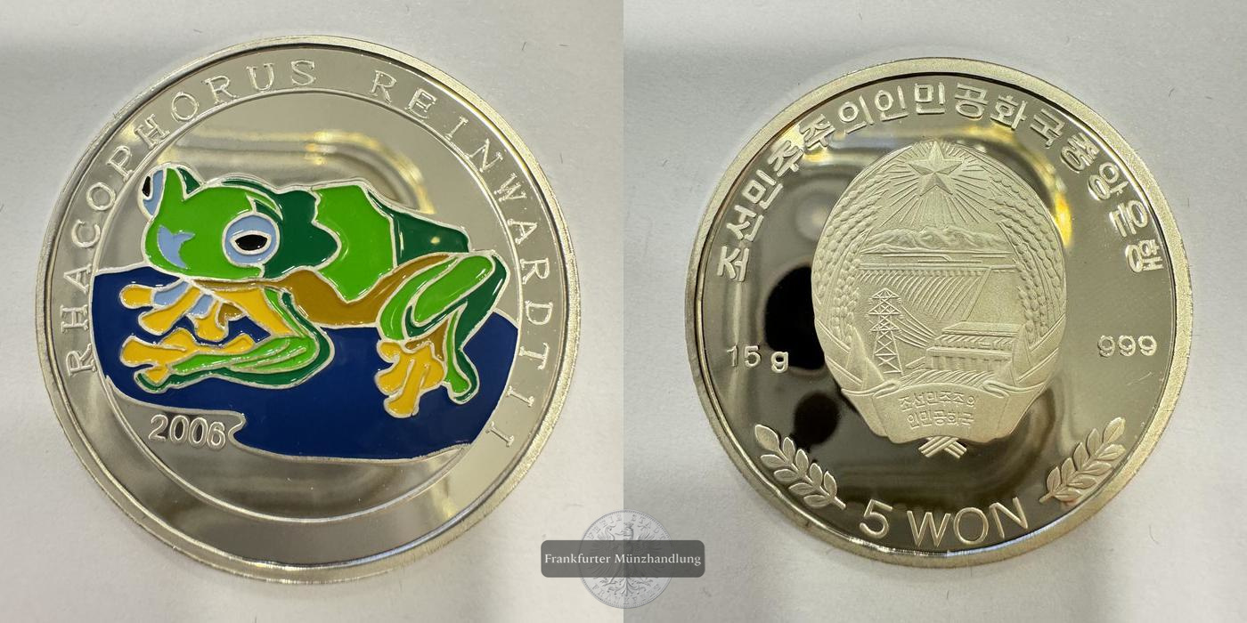  Nord Korea 5 Won 2006 Rhacophorus Reinwardtii (Flugfrosch) Coloriert FM-Frankfurt Feinsilber: 15g   