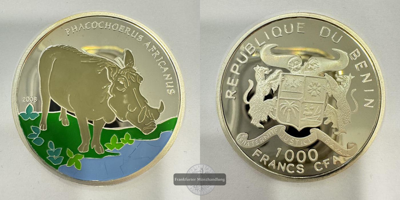  Rep. Benin 1000 Francs CFA Warzenschwein 2008 Coloriert FM-Frankfurt Feinsilber: 15g   