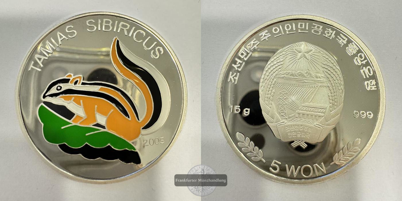  Nord Korea 5 Won 2005 Tamias Sbiricus (Burunduk) Coloriert FM-Frankfurt Feinsilber: 15g   