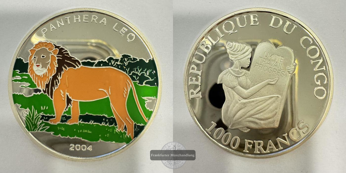  Rep. Kongo 1000 Francs CFA 2004 Löwe (Panthera Leo) Coloriert FM-Frankfurt Feinsilber: 15g   