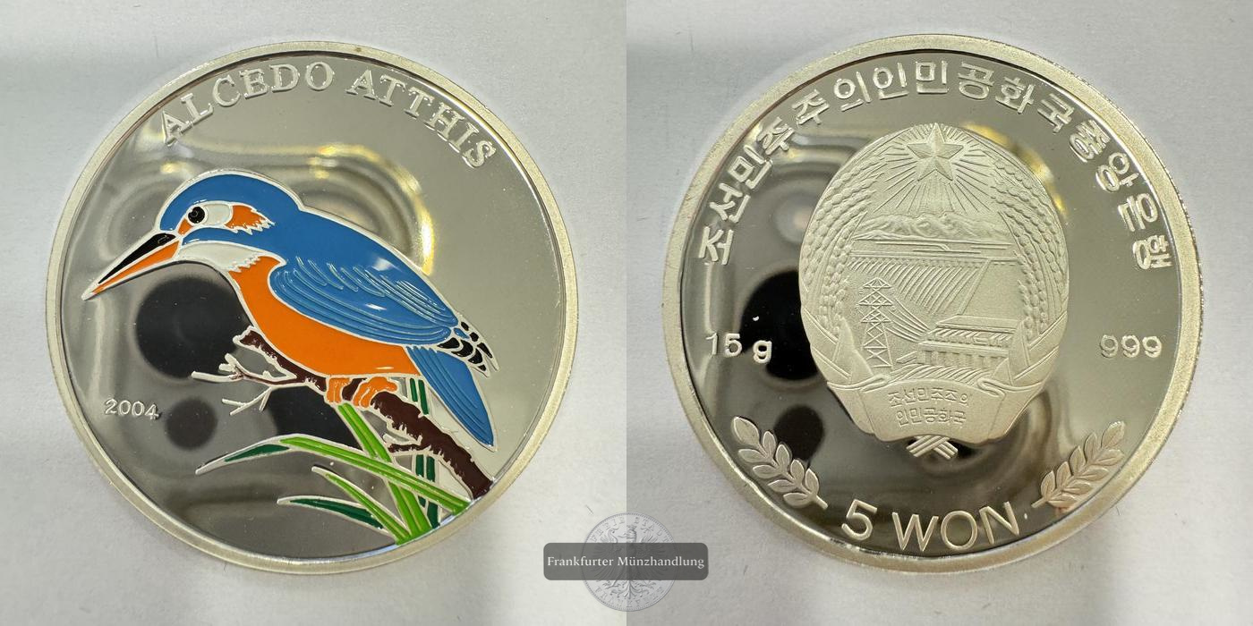  Nord Korea 5 Won 2004 Alcedo Atthis (Eisvogel) Coloriert FM-Frankfurt Feinsilber: 15g   