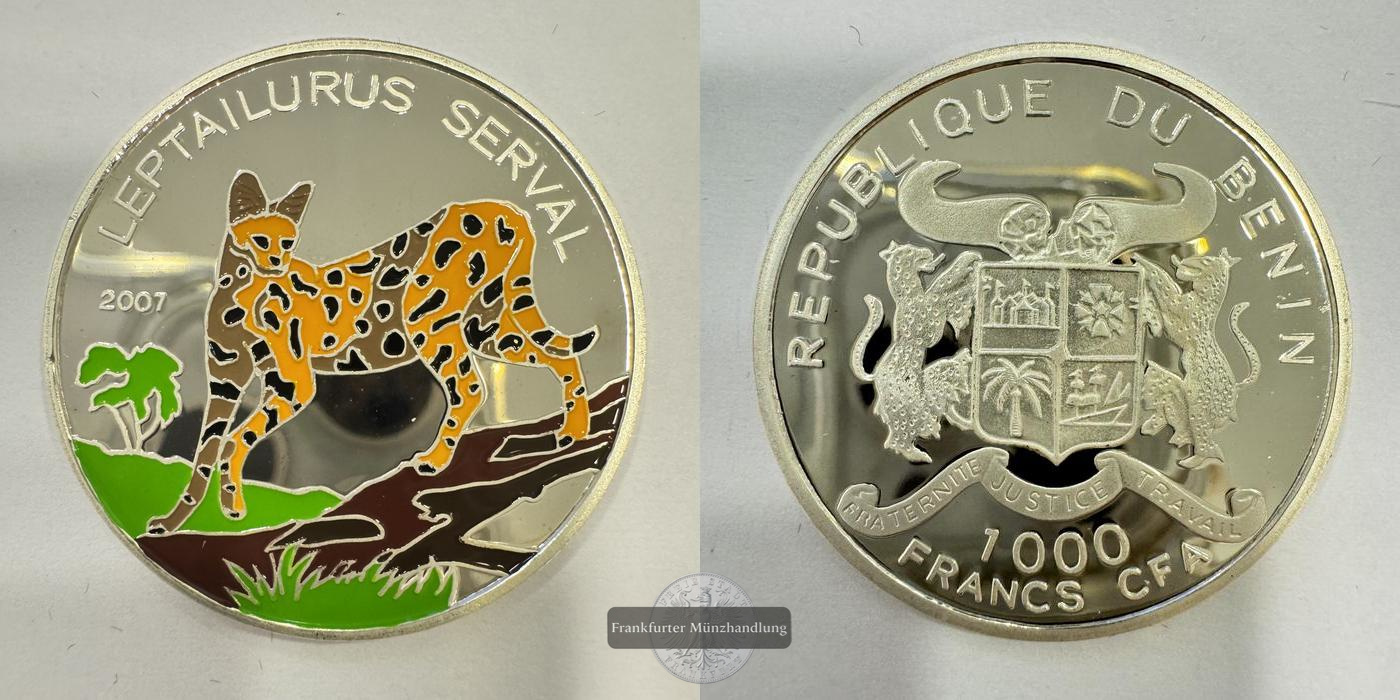  Rep. Benin 1000 Francs CFA Serval 2007 Coloriert FM-Frankfurt Feinsilber: 15g   