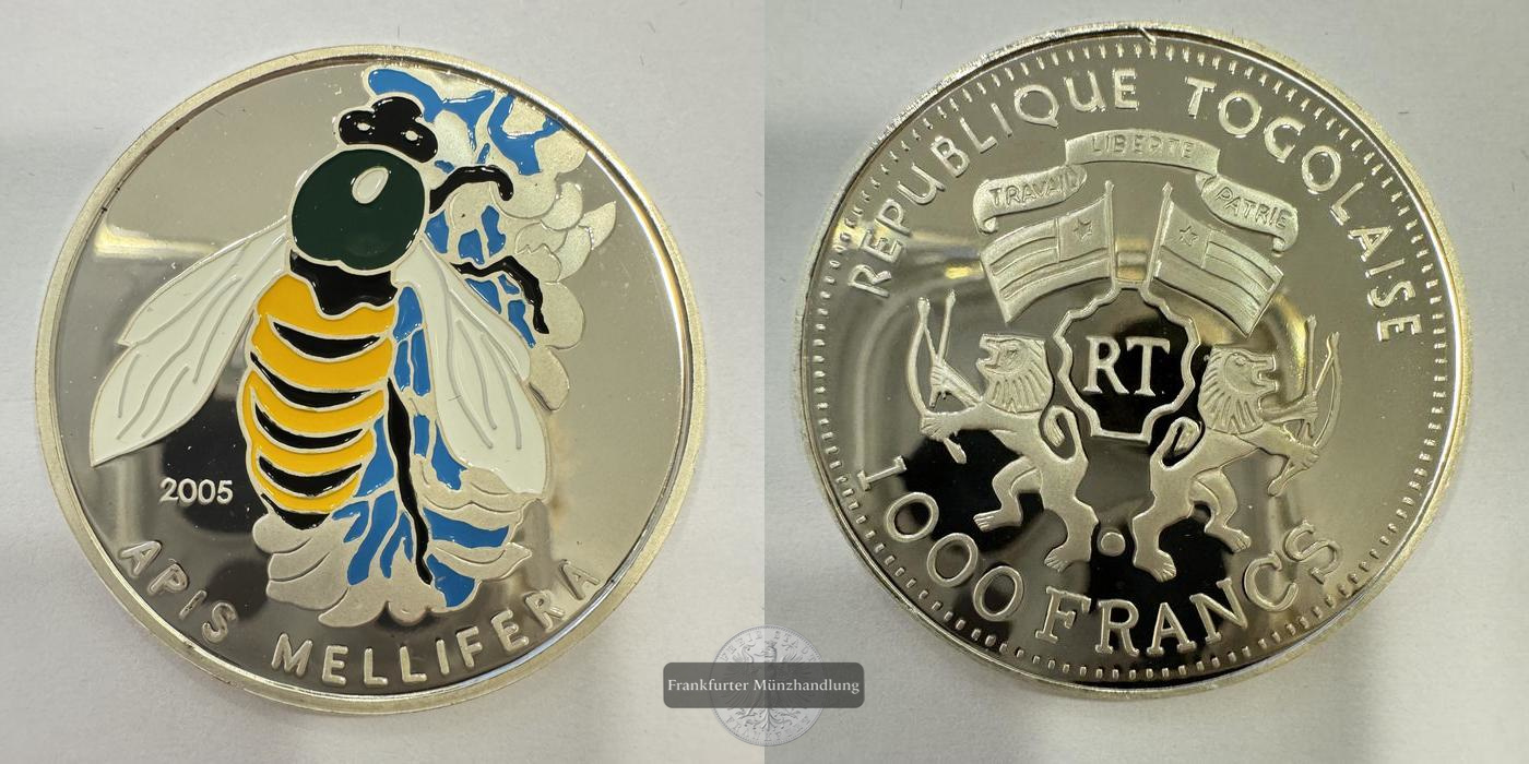  Rep. Togo 1000 Francs Honigbiene 2005 Coloriert FM-Frankfurt Feinsilber: 15g   
