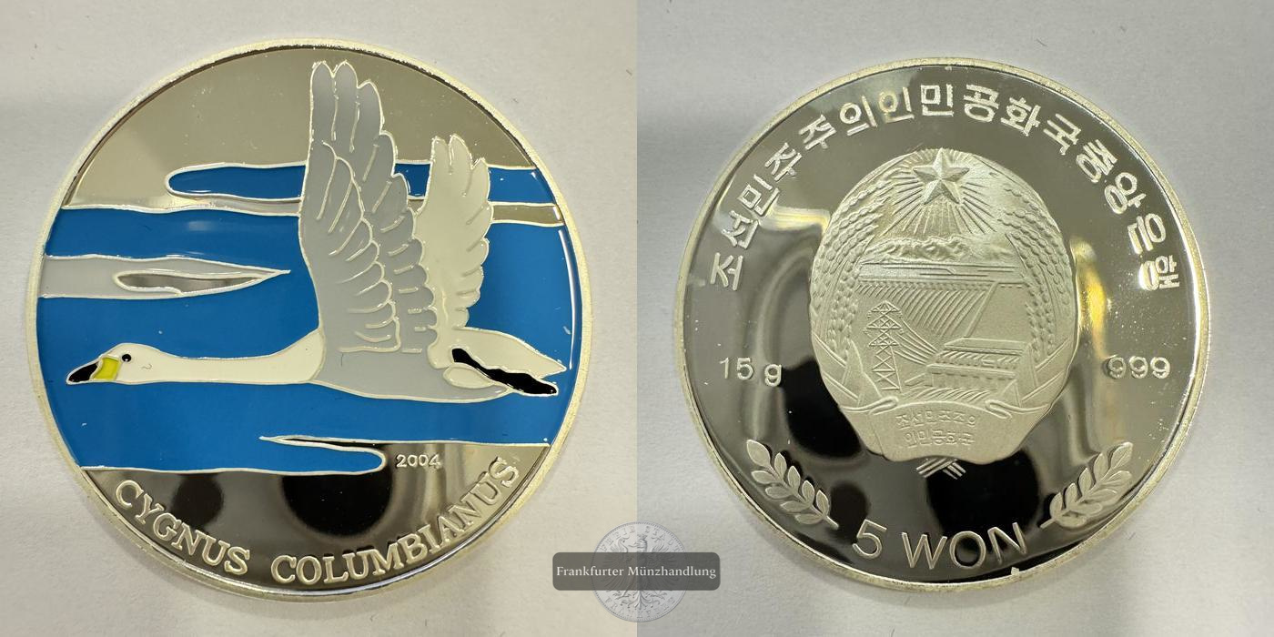  Nord Korea 5 Won 2004 Zwergschwan Coloriert FM-Frankfurt Feinsilber: 15g   