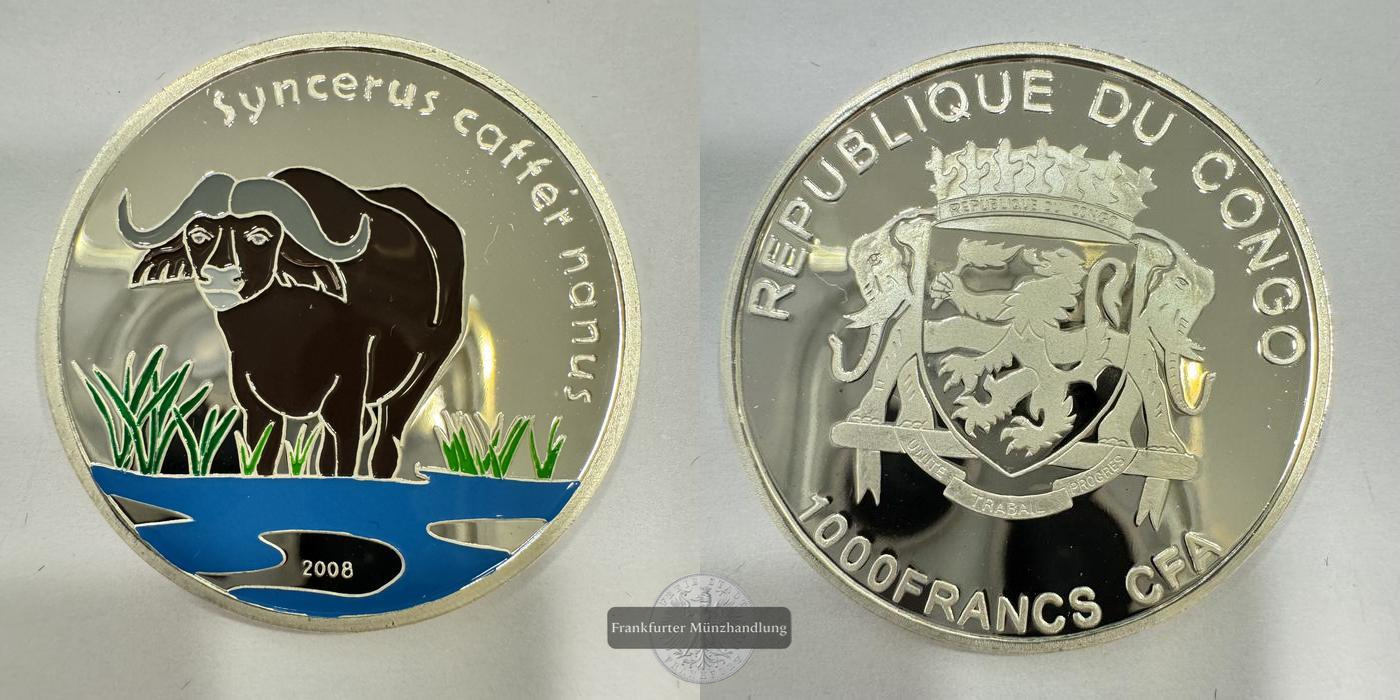  Rep. Kongo 1000 Francs CFA 2008 Rotbüffel Coloriert FM-Frankfurt Feinsilber: 15g   