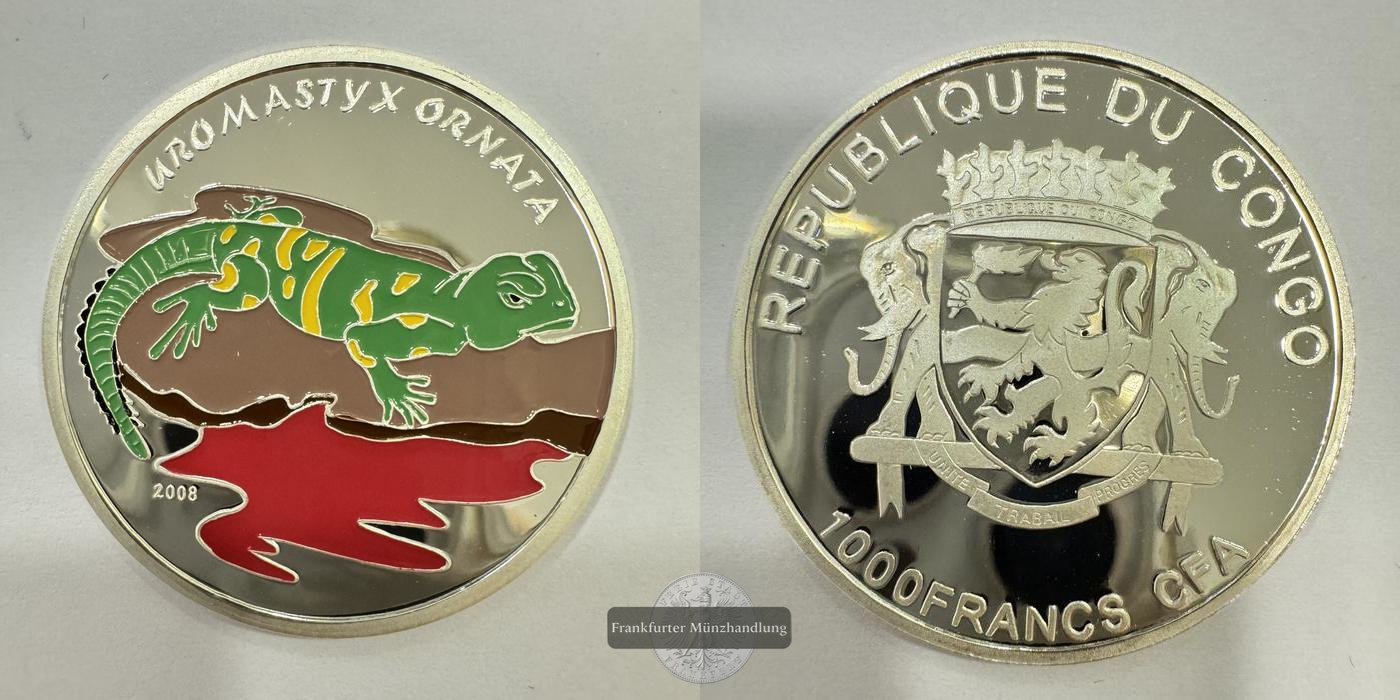  Rep. Kongo 1000 Francs CFA 2008 Bunte Dornschwanzagame Coloriert FM-Frankfurt Feinsilber: 15g   