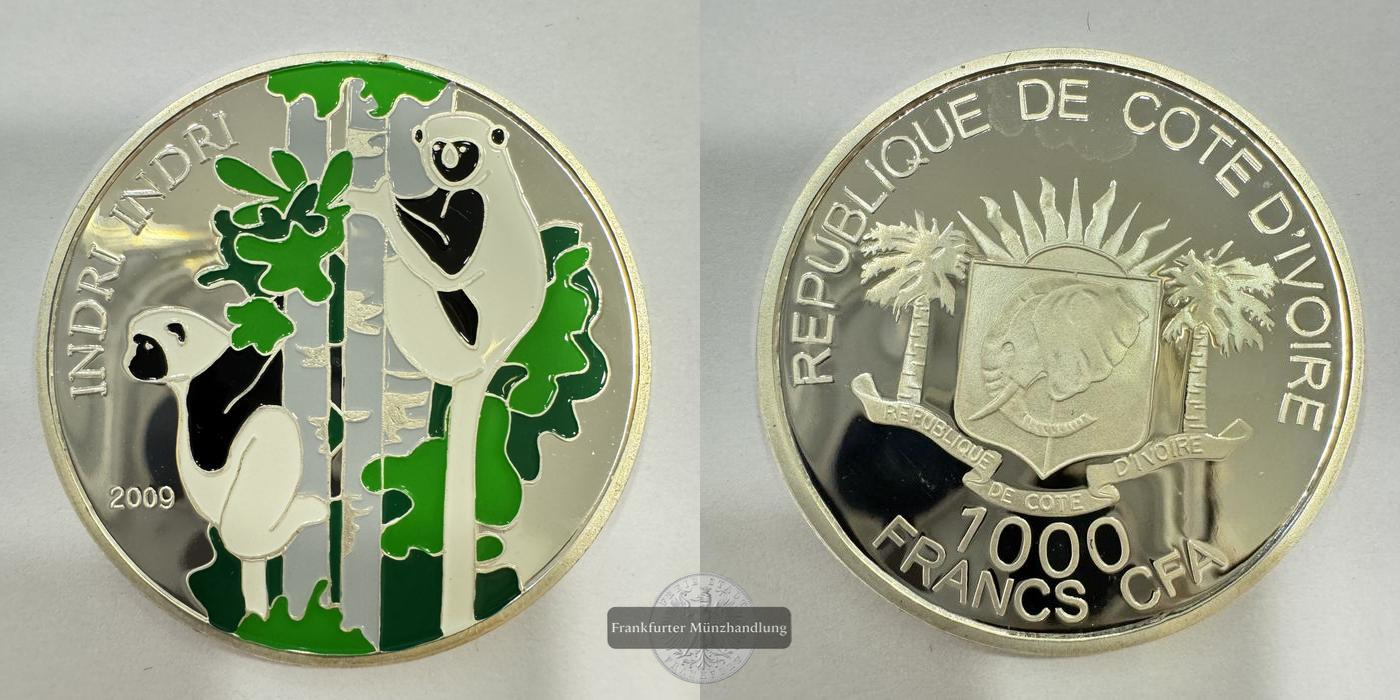  Elfenbeinküste 1000 Francs CFA 2009 Indri Indri Coloriert FM-Frankfurt Feinsilber: 15g   
