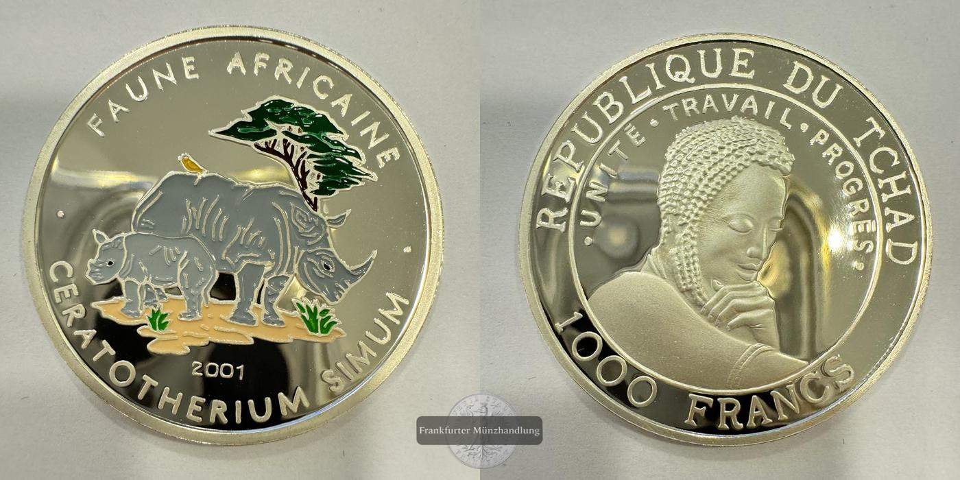  Rep. Tschad 1000 Francs 2001 Breitmaulnashorn Coloriert FM-Frankfurt Feinsilber: 15g   
