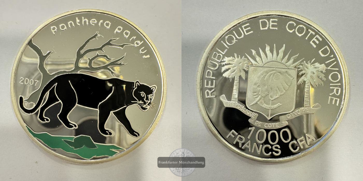  Elfenbeinküste 1000 Francs CFA 2007 Leopard Coloriert FM-Frankfurt Feinsilber: 15g   