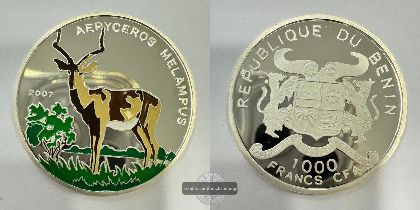  Rep. Benin 1000 Francs CFA Impala 2007 Coloriert FM-Frankfurt Feinsilber: 15g   