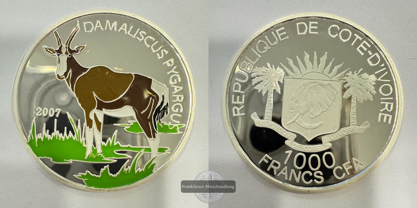  Elfenbeinküste 1000 Francs CFA 2007 Buntbock Coloriert FM-Frankfurt Feinsilber: 15g   