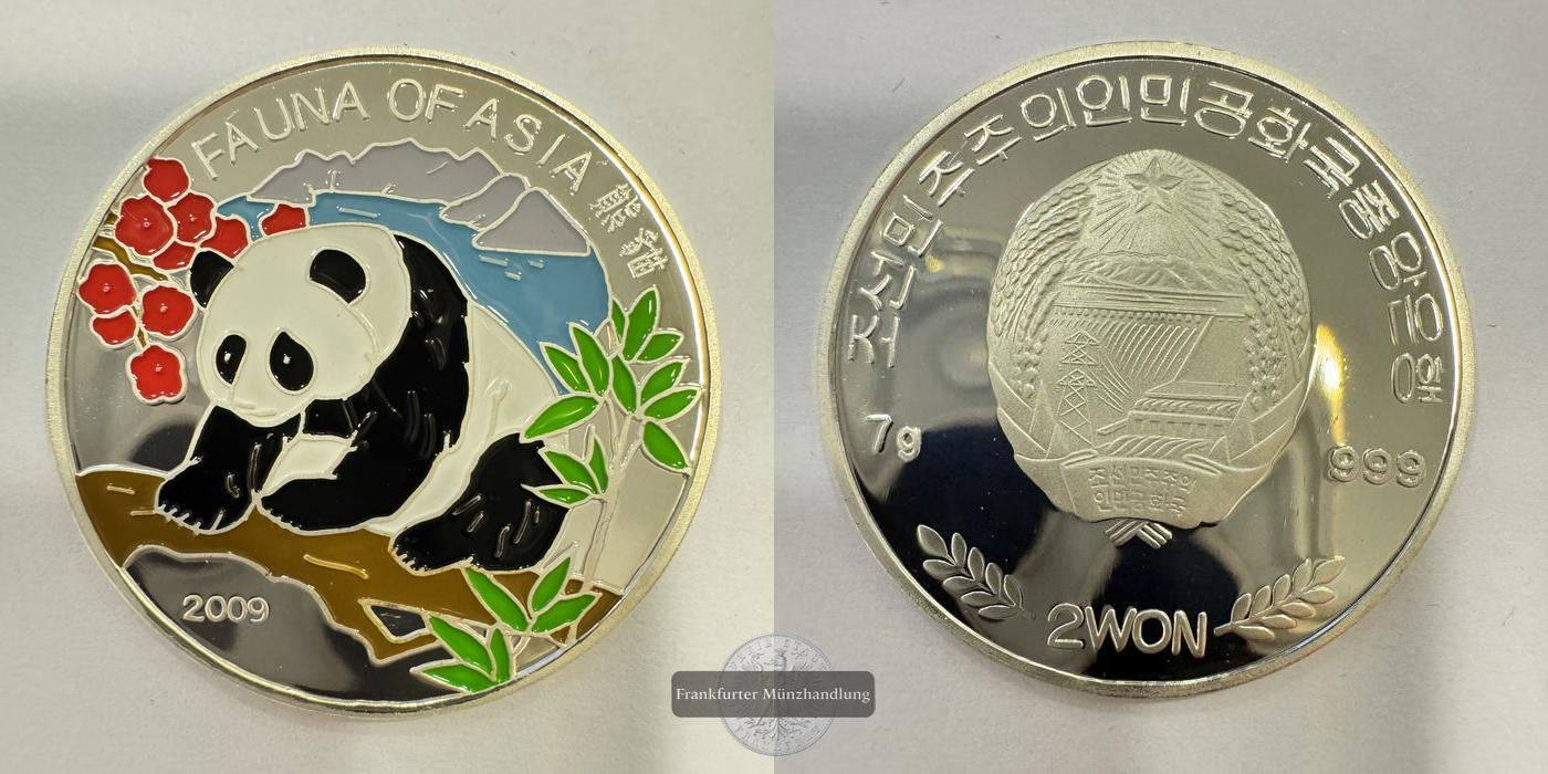  Nord Korea 2 Won 2009 Fauna of Asia Pandas Coloriert FM-Frankfurt Feinsilber: 7g   
