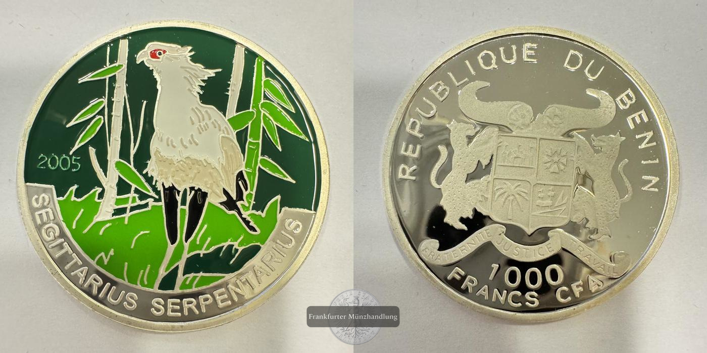  Rep. Benin 1000 Francs CFA Sekretär (Vogel) 2005 Coloriert FM-Frankfurt Feinsilber: 15g   