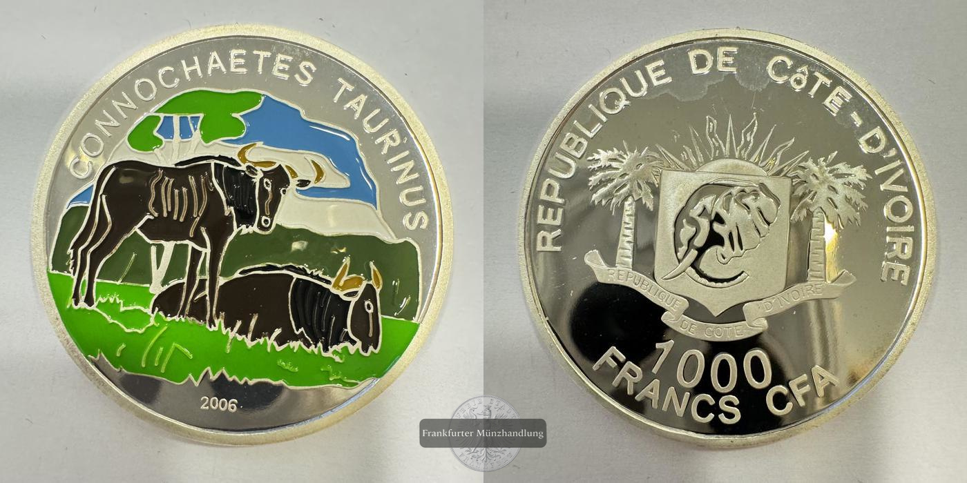  Elfenbeinküste 1000 Francs CFA Streifengnu 2006 Coloriert FM-Frankfurt Feinsilber: 15g   