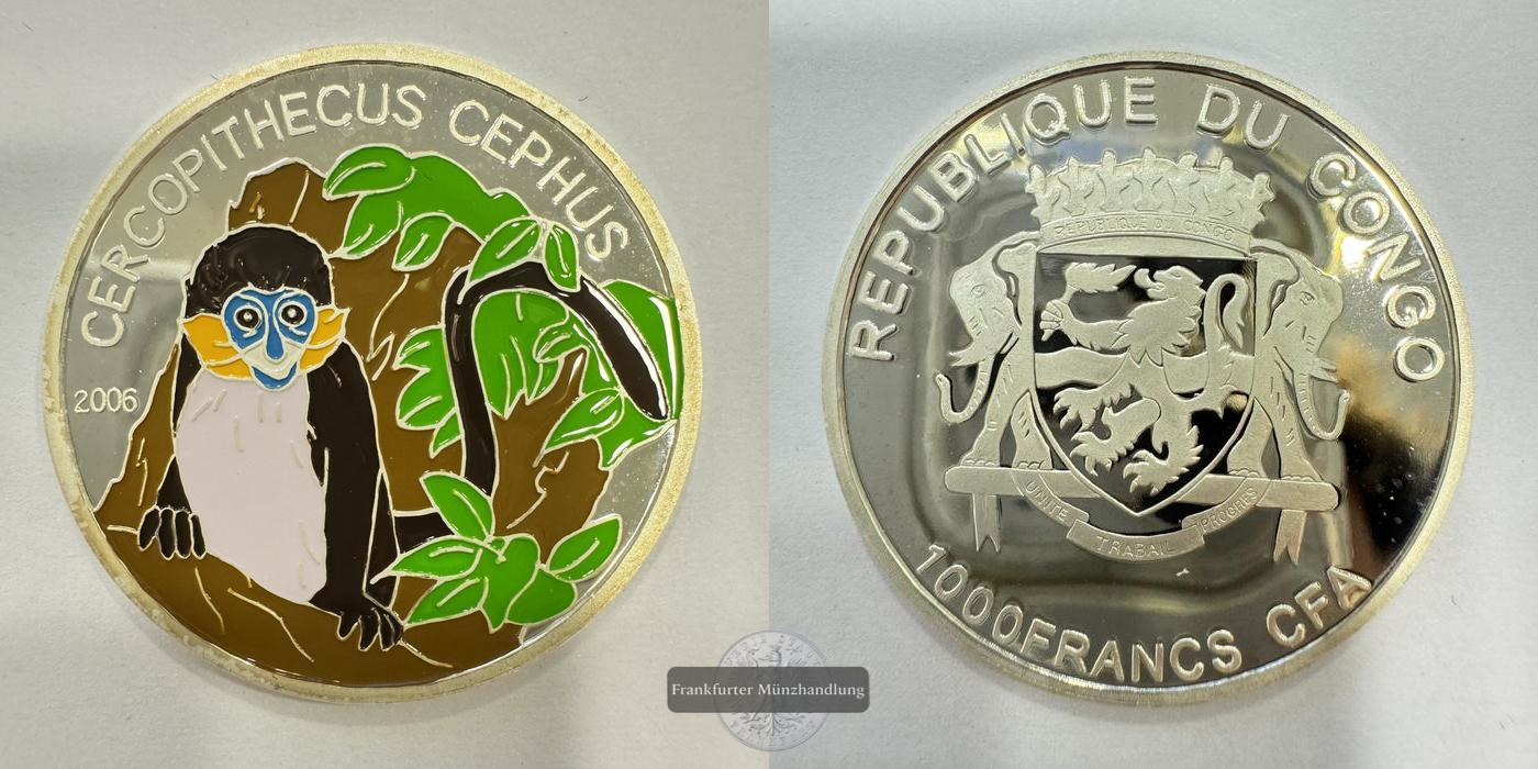  Rep. Kongo 1000 Francs CFA 2006 Blaumaulmeerkatze Coloriert + Münzetui FM-Frankfurt Feinsilber: 15g   