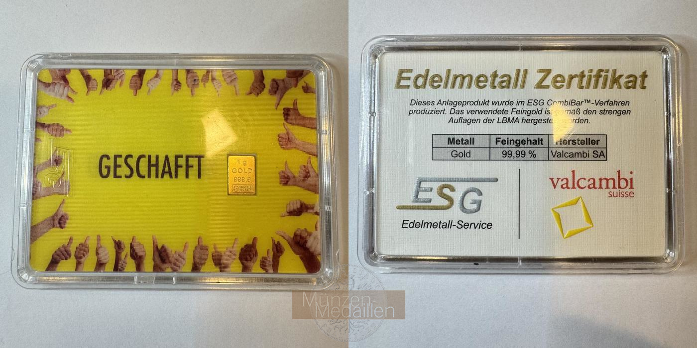 Schweiz Valcambi SA MM-Frankfurt Feingold: 1g 1g Goldbarren  