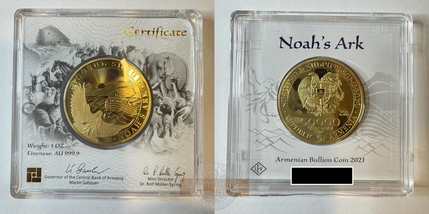 Armenien MM-Frankfurt Feingold: 31,1g 50.000 Dram Noah's Ark 2021 