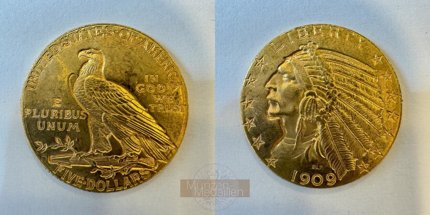 USA  5 Dollar MM-Frankfurt   Feingold: 7,52g Half Eagle - Indian Head 1909 