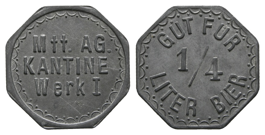  Bayern, Augsburg; Mtt. AG. Kantine Werk I, Gut für 1/4 Liter Bier; Menzel 1053.1   