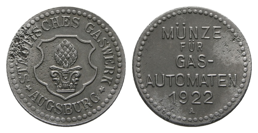  Bayern, Augsburg, Städtisches Gaswerk, Münze für Gas- Automaten 1922 A; Menzel 1078.1   