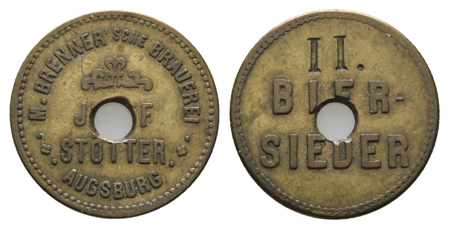  Bayern; Augsburg, M.Brenner'sche Brauerei, Josef Stötter, II. Bier-Sieder; Menzel 1042.2 (gelocht)   