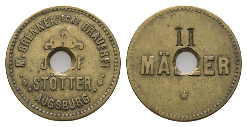  Bayern; Augsburg, M.Brenner'sche Brauerei, Josef Stötter, II. Mälzer; Menzel 1042.10 (gelocht)   