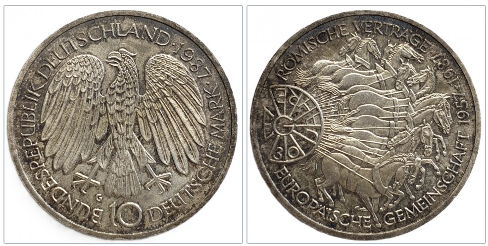  Deutschland 10 Mark, 1987 - 30 Jahre Römische Verträge 9,7 g Silber fein   