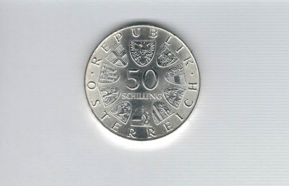  50 Schilling 1973 Bummerlhaus in Steyr 500 Jahre Ag/18g fein Österreich Spittalgold9800 (4584/14)   