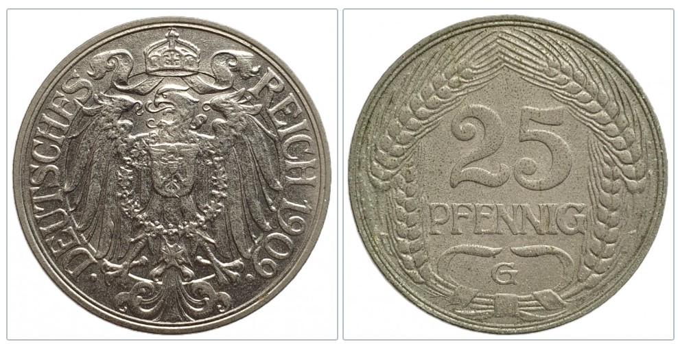  Deutschland 25 Pfennig, 1909 Münzzeichen: G - Karlsruhe   