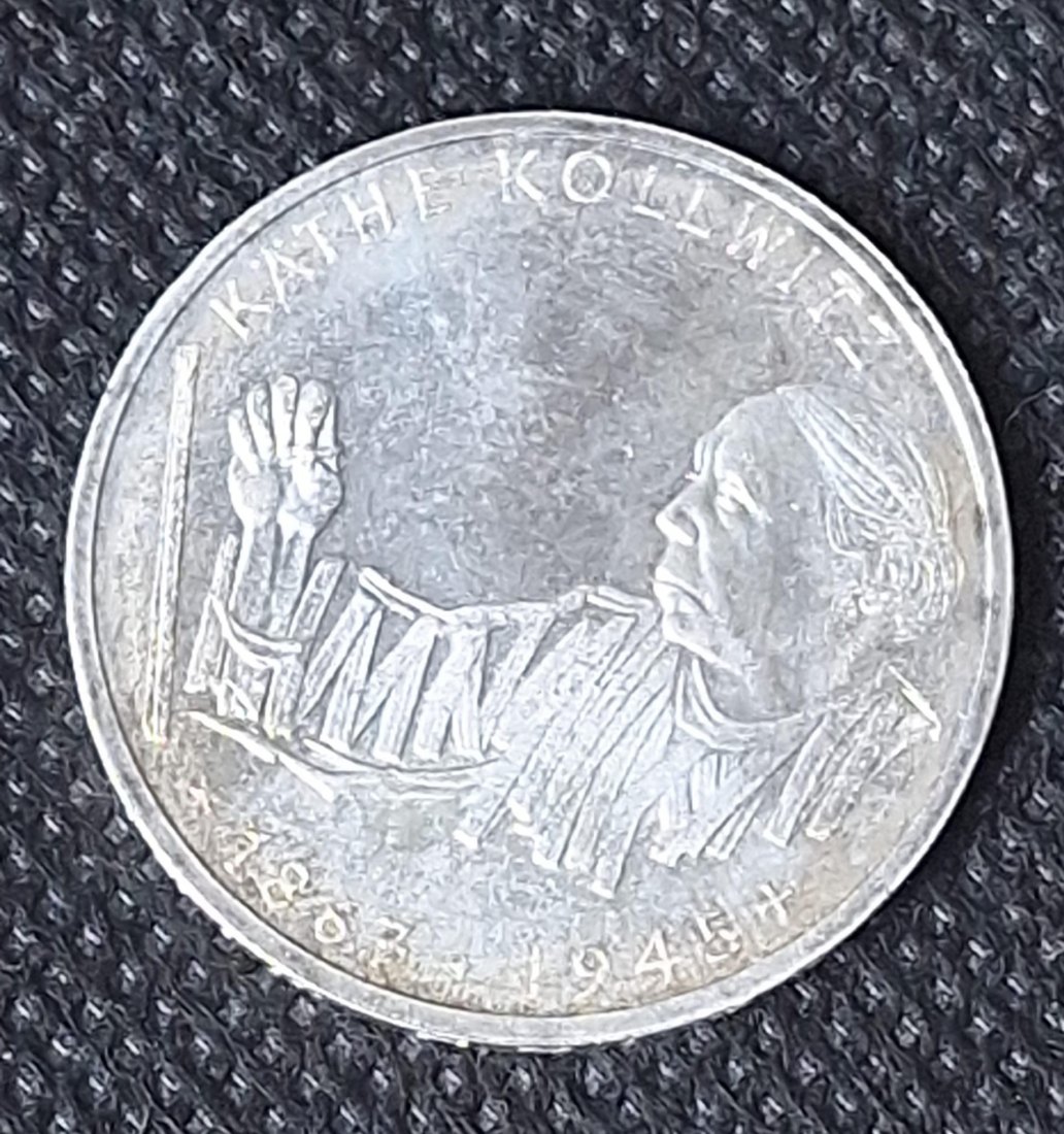  Silbermünze BRD: 10 DM 1992 G, Käthe Kollwitz, Feingewicht 9,69 Gramm   