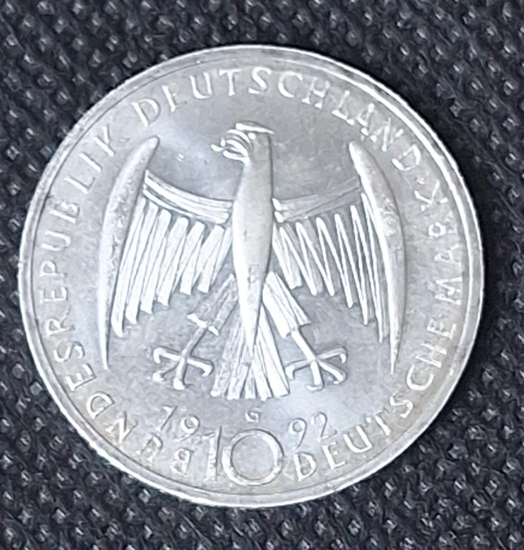  Silbermünze BRD: 10 DM 1992 G, Käthe Kollwitz, Feingewicht 9,69 Gramm   