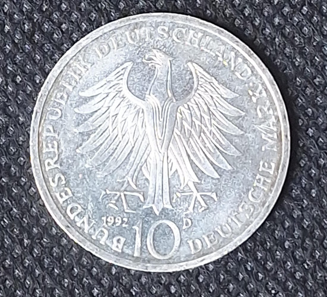  Silbermünze BRD: 10 DM 1992 D, Orden Pour le Merite, Feingewicht 9,69 Gramm   