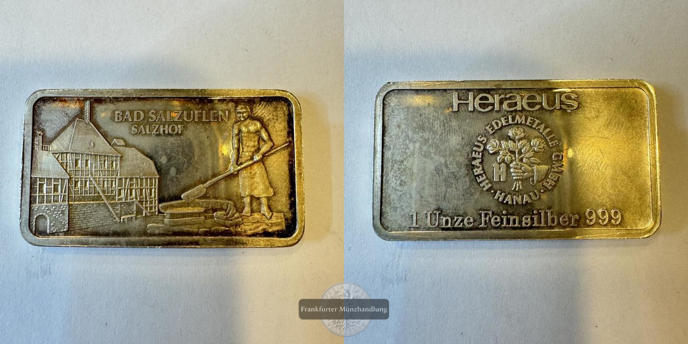  Deutschland Silberbarren 1oz Heraeus Bad Salzuflen Salzhof FM-Frankfurt Feinsilber: 31,1g   