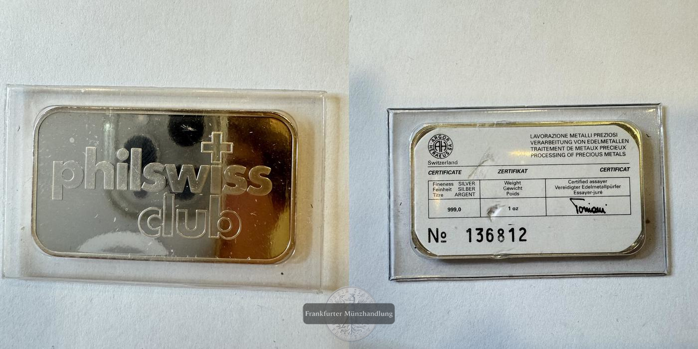  Schweiz. PhilSwiss Silberbarren 1oz Argor-Heraeus Mauerfall FM-Frankfurt Feinsilber: 31,1g   