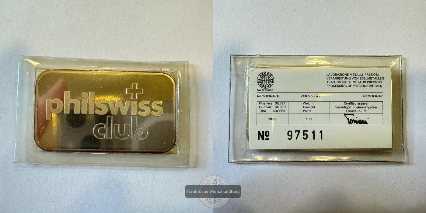  Schweiz. PhilSwiss Silberbarren 1oz Argor-Heraeus Mauerfall FM-Frankfurt Feinsilber: 31,1g   