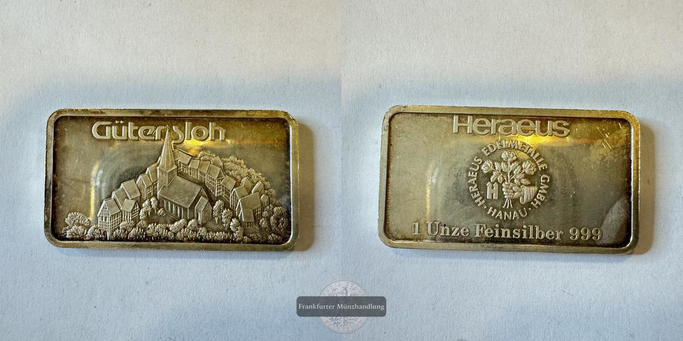  Deutschland Heraeus Silberbarren 1oz Gütersloh FM-Frankfurt Feinsilber: 31,1g   