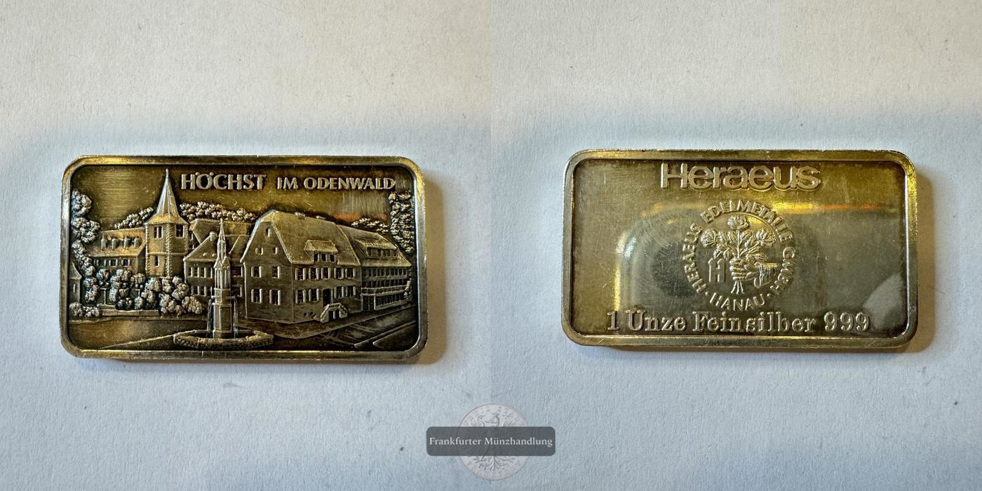  Deutschland Heraeus Silberbarren 1oz Höchst im Odenwald FM-Frankfurt Feinsilber: 31,1g   