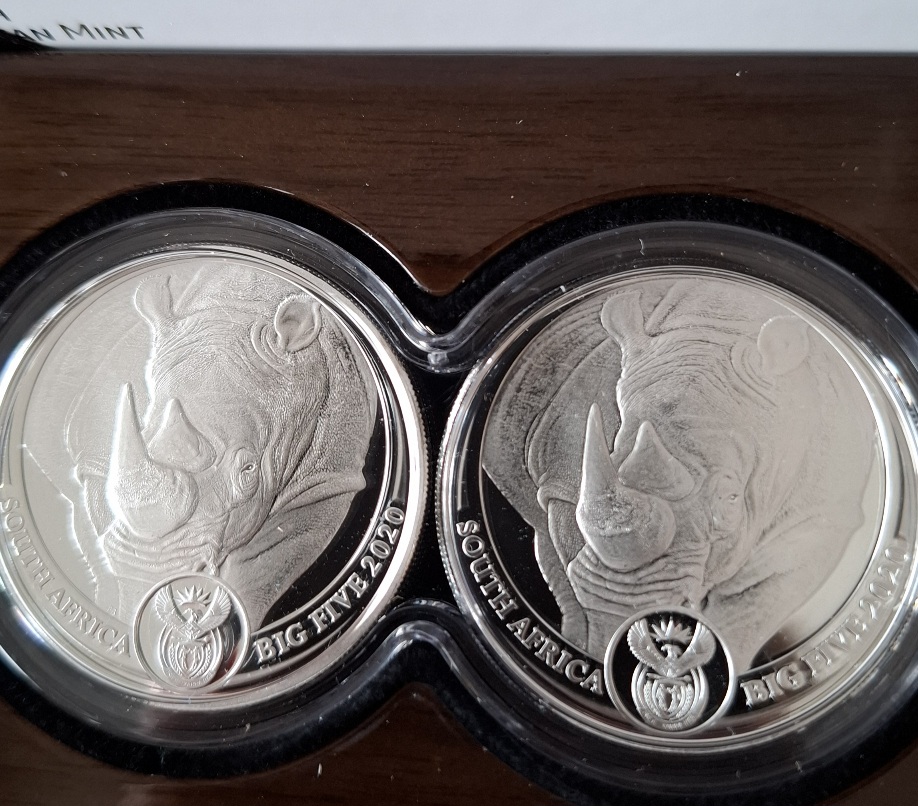  Südafrika Big Five Serie I 2020 Nashorn 2 x 1 oz Silber im Doppelkapselset; Auflage 1.000 Sets   