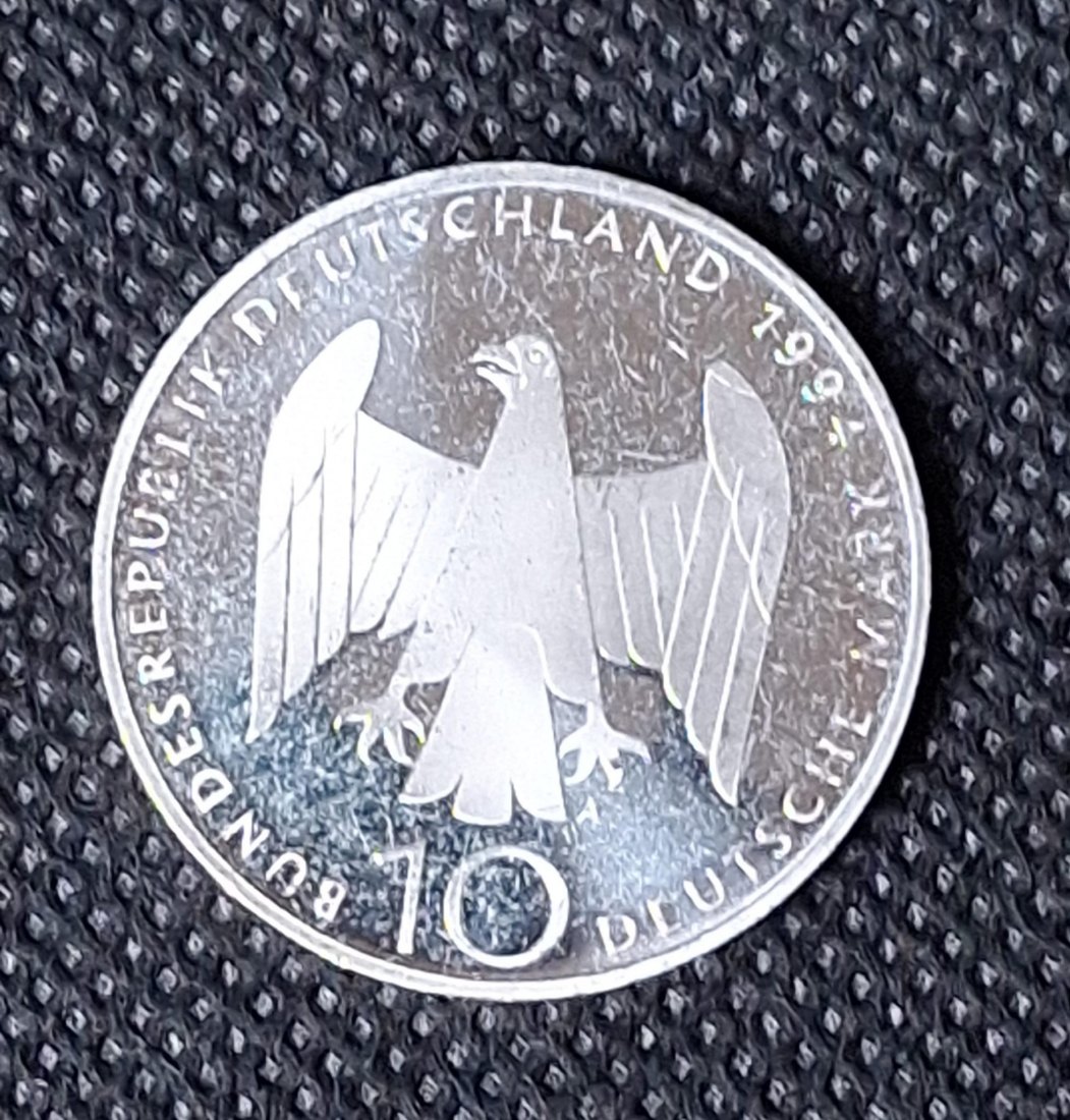 Silbermünze BRD: 10 DM 1994 A, Widerstand 1933-1945, Feingewicht 9,69 Gramm   