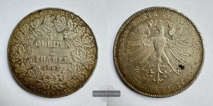  Freie Reichsstadt Frankfurt - 2 Thalers / 3½ Gulden 1847 FM-Frankfurt Feinsilber: 33,4g   