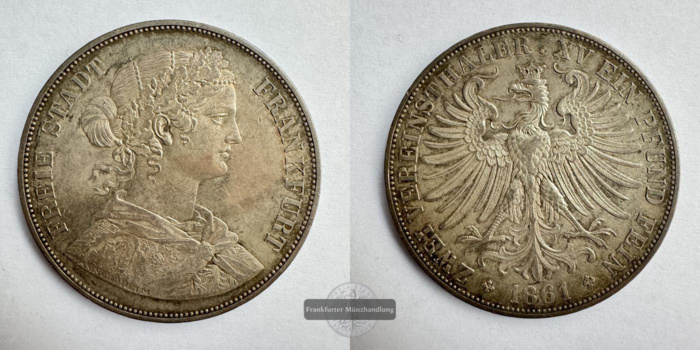  Freie Reichsstadt Frankfurt am Main - 2 Vereinsthaler 1861 FM-Frankfurt Feinsilber: 33,3g   