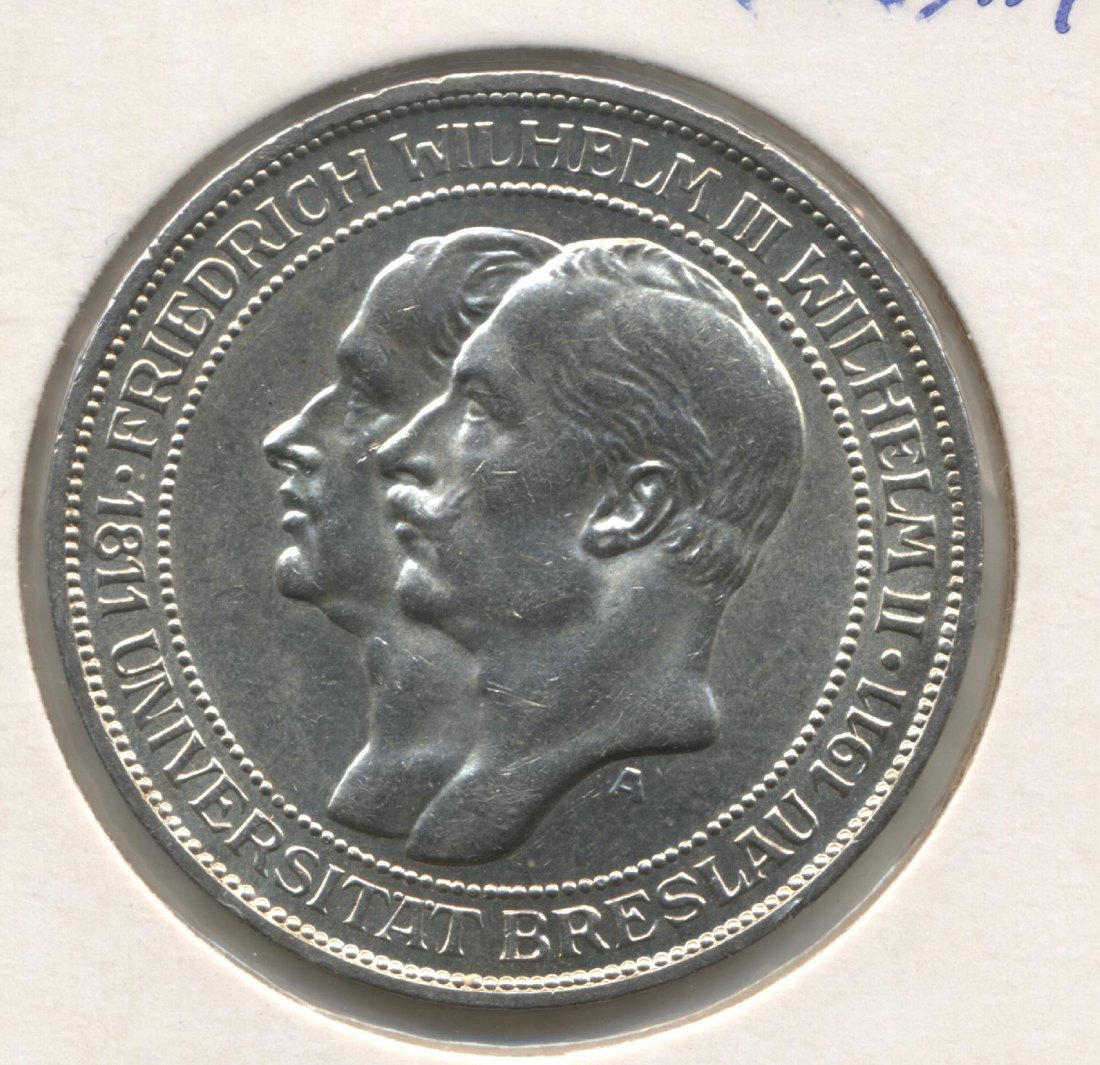  Preussen 3 Mark 1911 Uni Breslau prägefrisch   