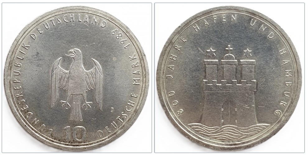  Deutschland 10 Mark, 1989 - 800 Jahre Hafen und Hamburg 9,7 g Silber fein   