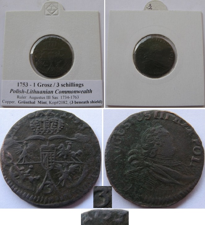  1753, Polish–Lithuanian Commonwealth - 1 grosz/3 schillings, Grünthal Mint (3 beneath shield)   